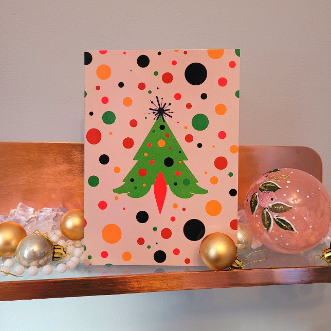 Mid Century Modern Christmas Tree Retro Rocket Holiday Card (Mid Century Modern Retro Atomic Rocket Christmas Card Front View)