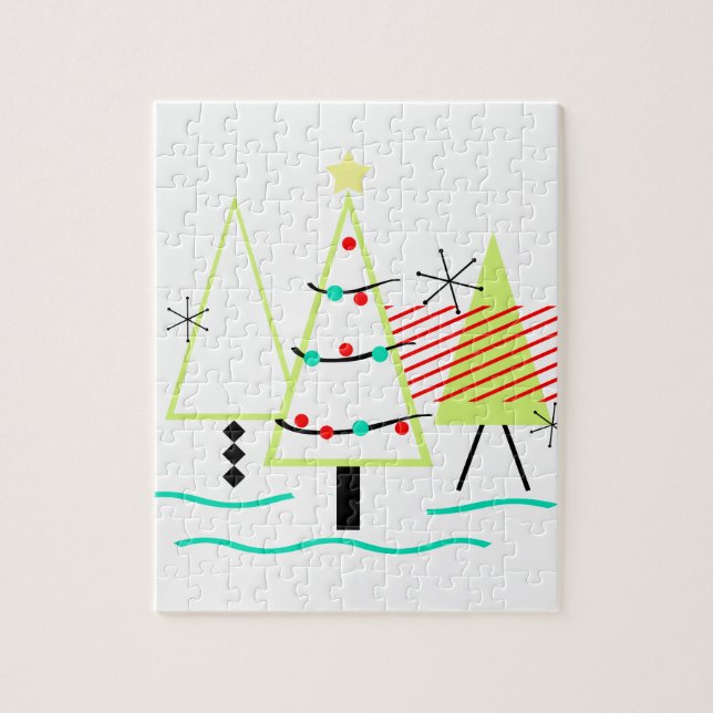 mid century modern christmas trees retro jigsaw puzzle (Vertical)
