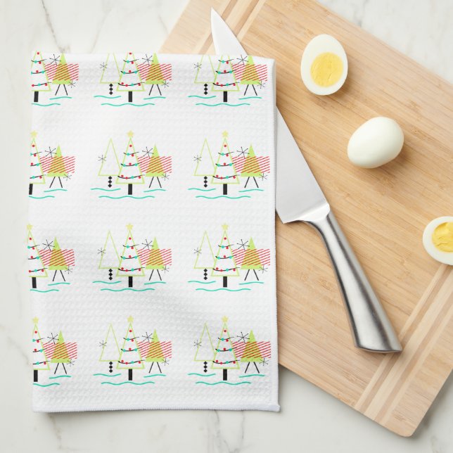 mid century modern christmas trees retro kitchen towel (Quarter Fold)
