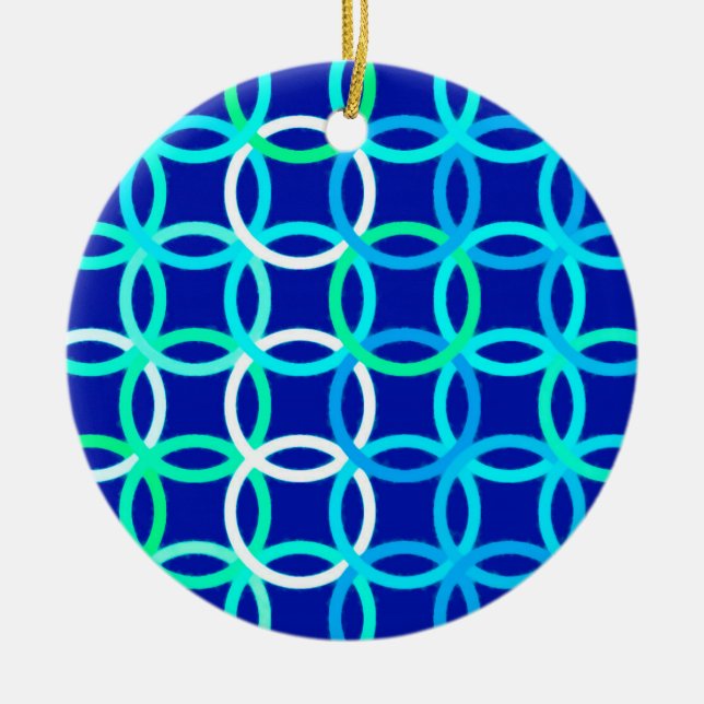 Mid-Century Modern circles, cobalt & peacock Ceramic Ornament (Front)