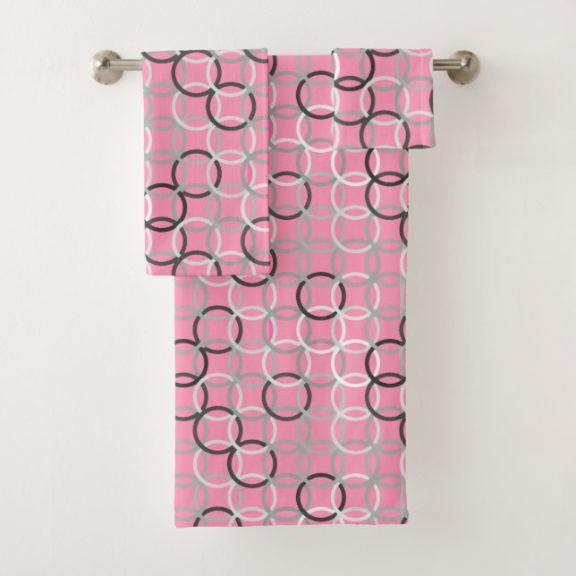 Mid-Century Modern circles, coral pink and grey Bath Towel Set (Insitu)