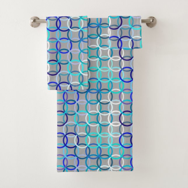 Mid-Century Modern circles, grey, blue and white Bath Towel Set (Insitu)