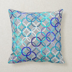 Mid-Century Modern circles, grey, blue and white Throw Pillow