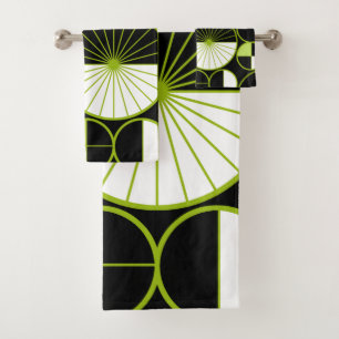 Mid Century Modern Circles Halves Black Chartreuse Bath Towel Set