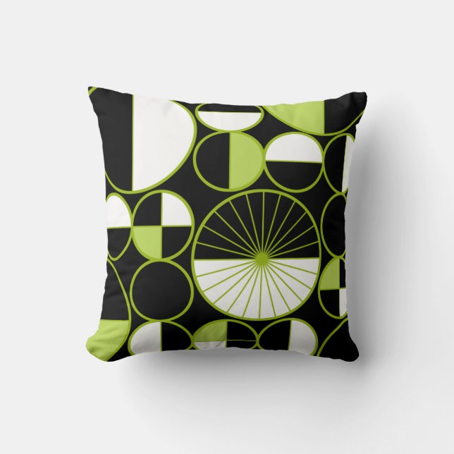 Mid Century Modern Circles Halves Black Chartreuse Throw Pillow (Front)