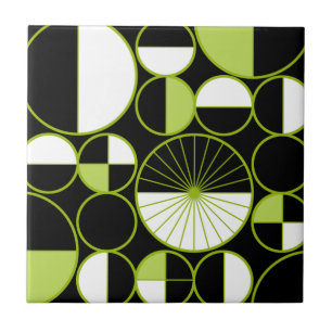 Mid Century Modern Circles Halves Black Chartreuse Tile