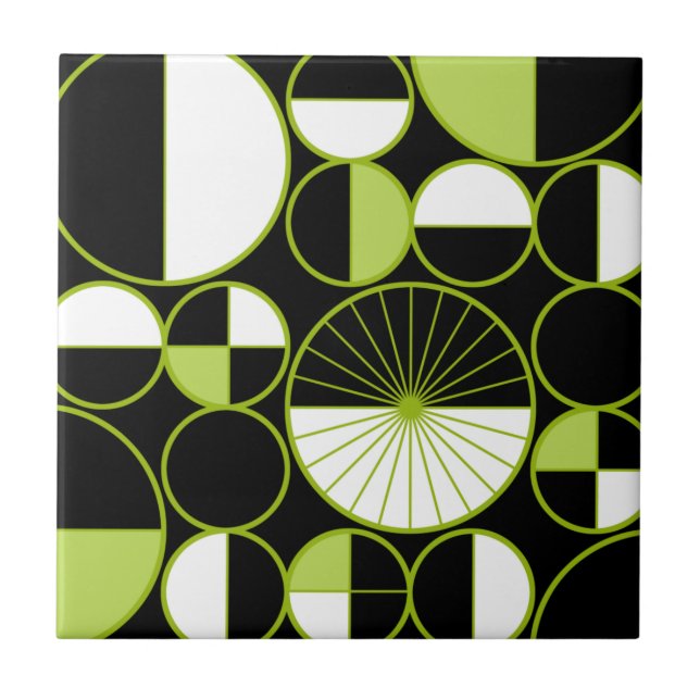 Mid Century Modern Circles Halves Black Chartreuse Tile (Front)
