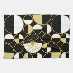 Mid Century Modern Circles Halves Black Gold Kitchen Towel