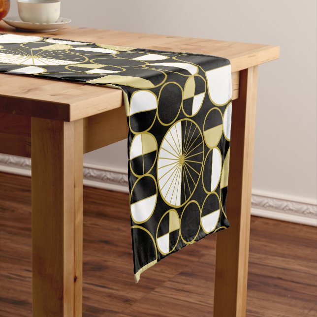 Mid Century Modern Circles Halves Black Gold Short Table Runner (In Situ)