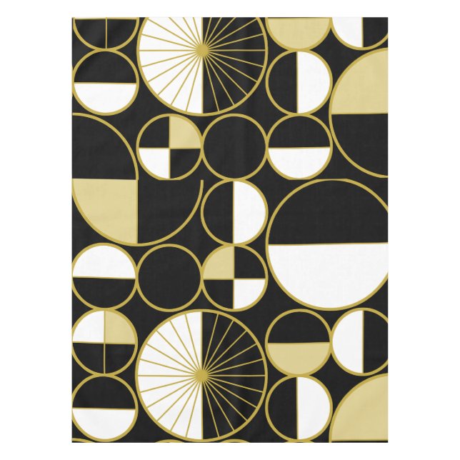 Mid Century Modern Circles Halves Black Gold Tablecloth (Front)