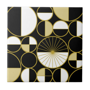 Mid Century Modern Circles Halves Black Gold Tile