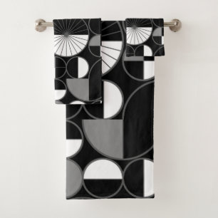 Mid Century Modern Circles Halves Black Grey Bath Towel Set