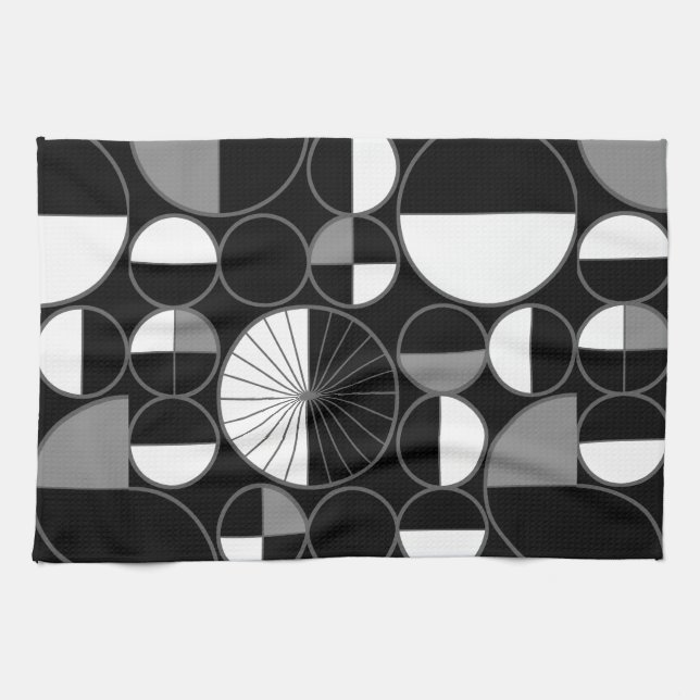 Mid Century Modern Circles Halves Black Grey Kitchen Towel (Horizontal)