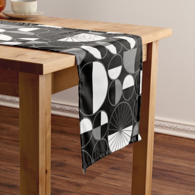 Mid Century Modern Circles Halves Black Grey Short Table Runner (In Situ)
