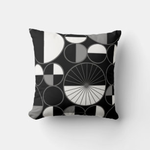Mid Century Modern Circles Halves Black Grey Throw Pillow