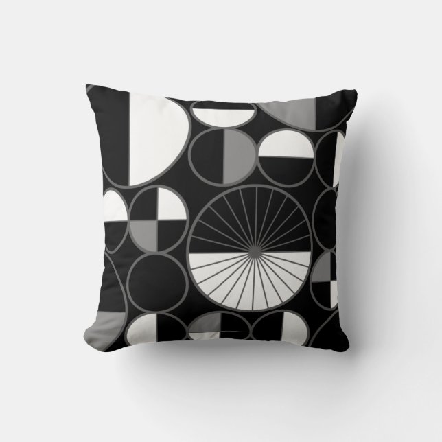 Mid Century Modern Circles Halves Black Grey Throw Pillow (Front)