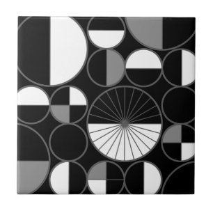 Mid Century Modern Circles Halves Black Grey Tile