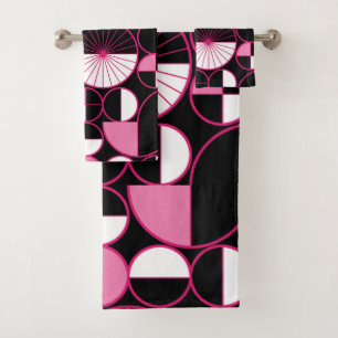 Mid Century Modern Circles Halves Black Pink Bath Towel Set