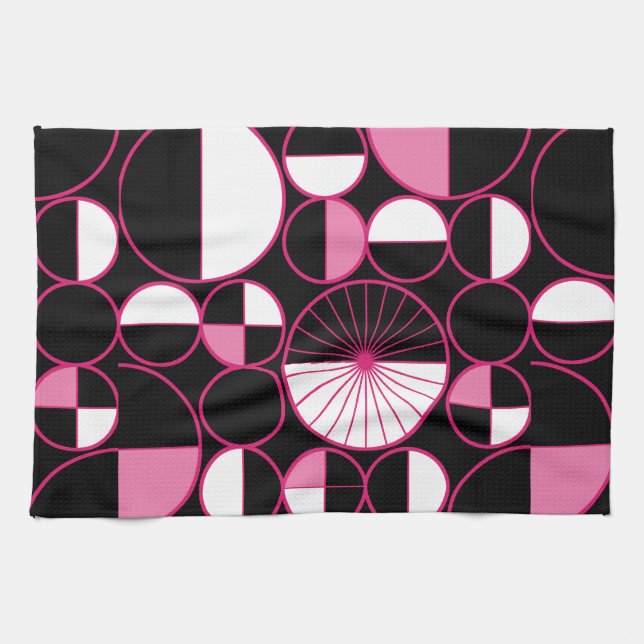 Mid Century Modern Circles Halves Black Pink Kitchen Towel (Horizontal)