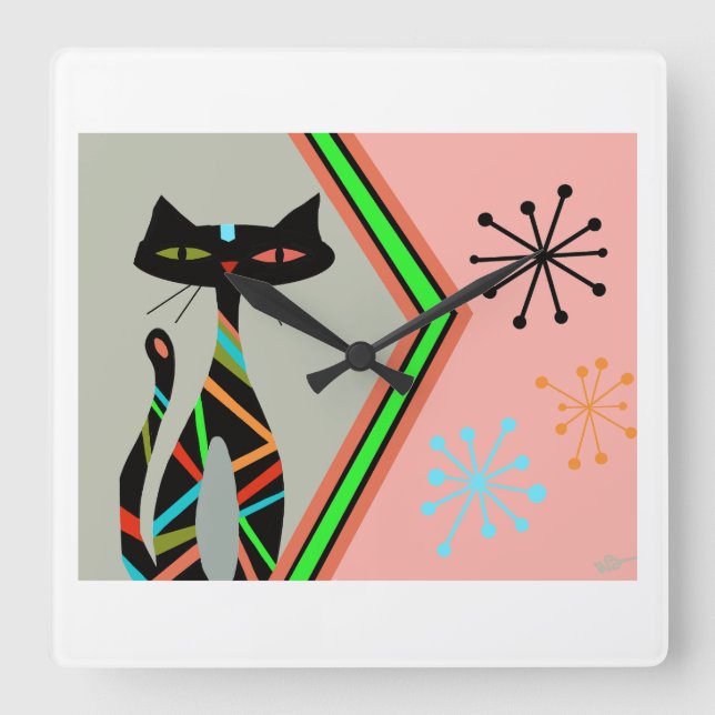 Mid century modern clock cat atomic home (Front)
