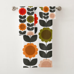  Mid-Century Modern Colored Retro Groovy Flowers  Bath Towel Set
