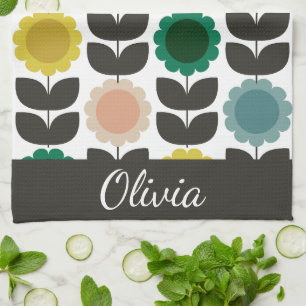  Mid-Century Modern Colored Retro Groovy Flowers  Kitchen Towel