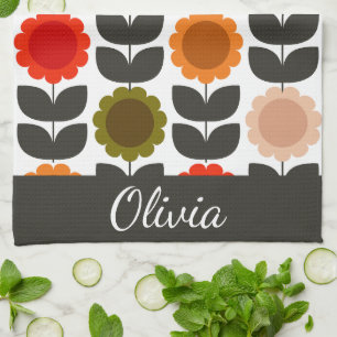  Mid-Century Modern Colored Retro Groovy Flowers  Kitchen Towel