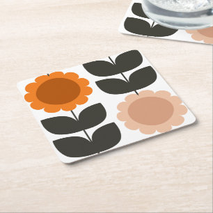  Mid-Century Modern Colored Retro Groovy Flowers  Square Paper Coaster