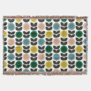  Mid-Century Modern Colored Retro Groovy Flowers  Throw Blanket