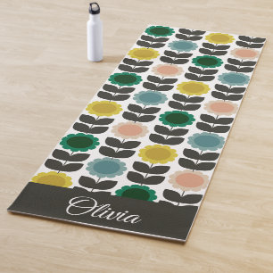  Mid-Century Modern Colored Retro Groovy Flowers  Yoga Mat