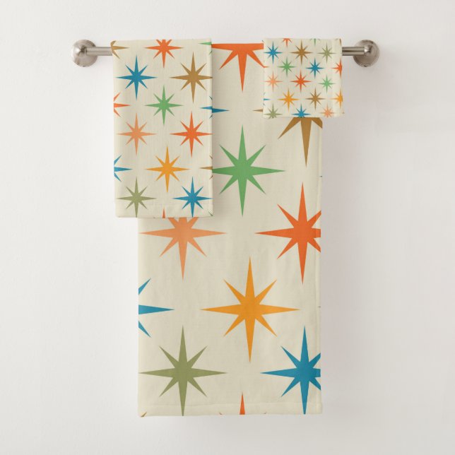 Mid century modern colorful atomic starburst   bath towel set (Insitu)