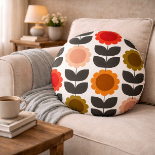  Mid-Century Modern Coloured Retro Groovy Flowers  Round Pillow