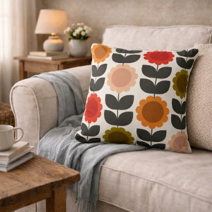  Mid-Century Modern Coloured Retro Groovy Flowers  Throw Pillow