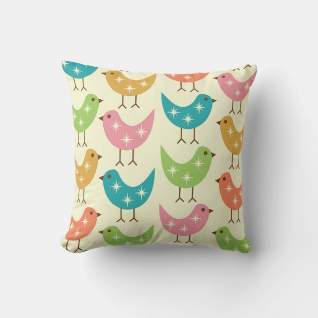 Mid Century Modern Colourful Atomic Birds Pattern  Throw Pillow (Front)