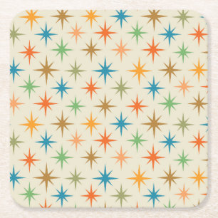 Mid century modern colourful atomic starbursts  square paper coaster