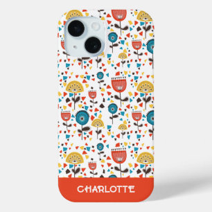 Mid Century Modern Colourful Floral Custom Name iPhone 15 Case