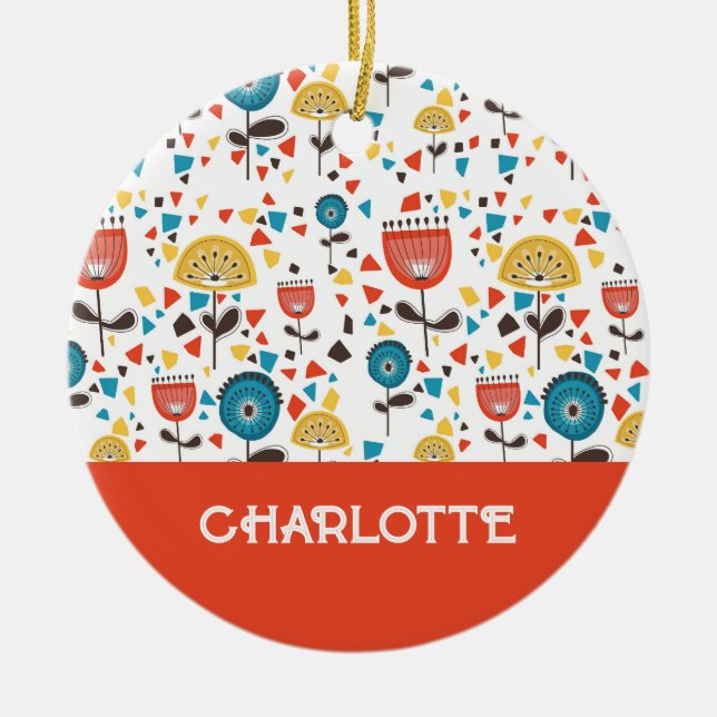 Mid Century Modern Colourful Floral Custom Name Ceramic Ornament (Front)