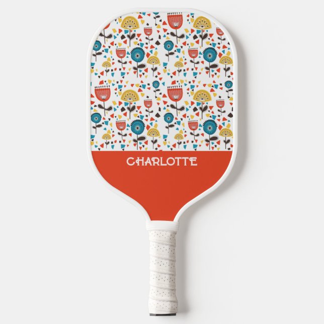 Mid Century Modern Colourful Floral Custom Name Pickleball Paddle (Front)