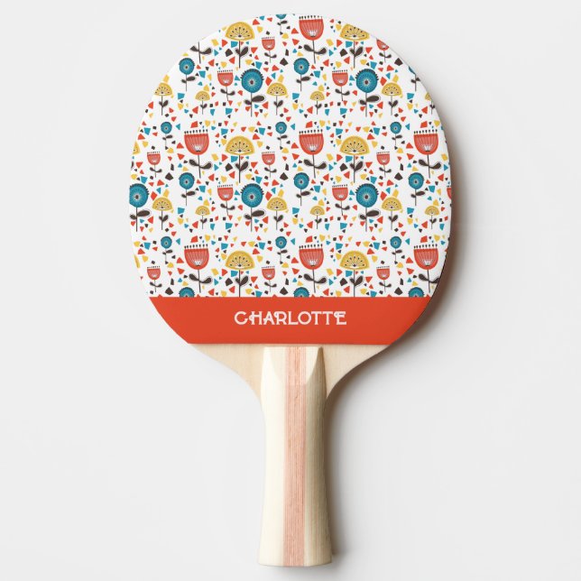 Mid Century Modern Colourful Floral Custom Name Ping Pong Paddle (Front)