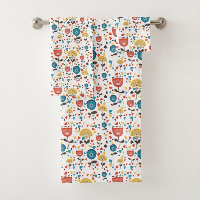 Mid Century Modern Colourful Floral Pattern Bath Towel Set (Insitu)