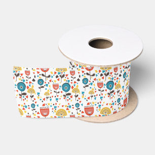 Mid Century Modern Colourful Floral Pattern Satin Ribbon