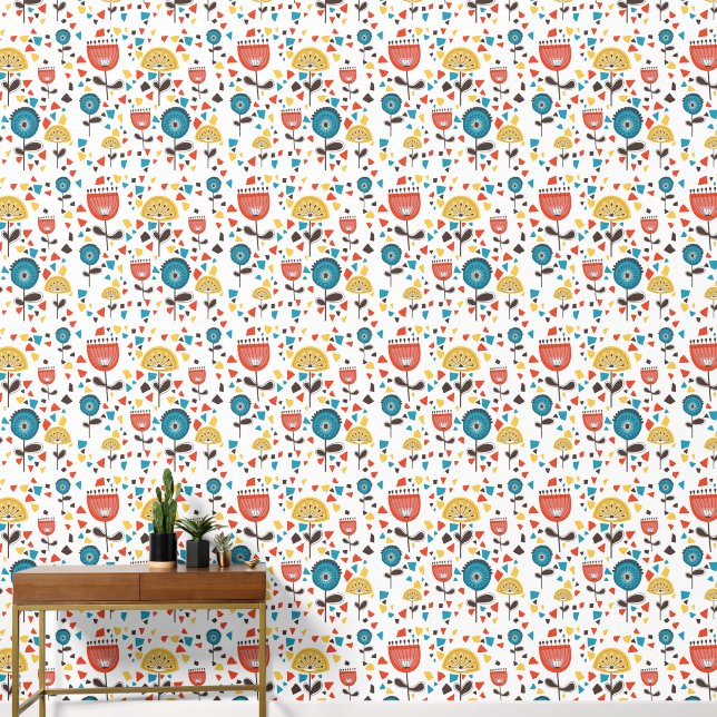 Mid Century Modern Colourful Floral Pattern Wallpaper (Hallway)