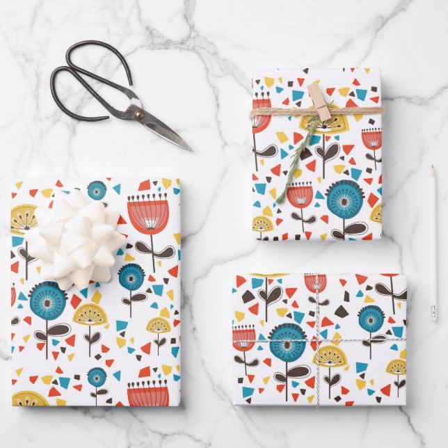 Mid Century Modern Colourful Floral Pattern Wrapping Paper Sheet (Front)