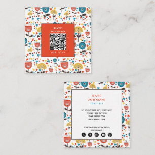 Mid Century Modern Colourful Floral QR Code  Square Business Card