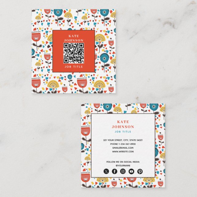 Mid Century Modern Colourful Floral QR Code  Square Business Card (Front/Back)