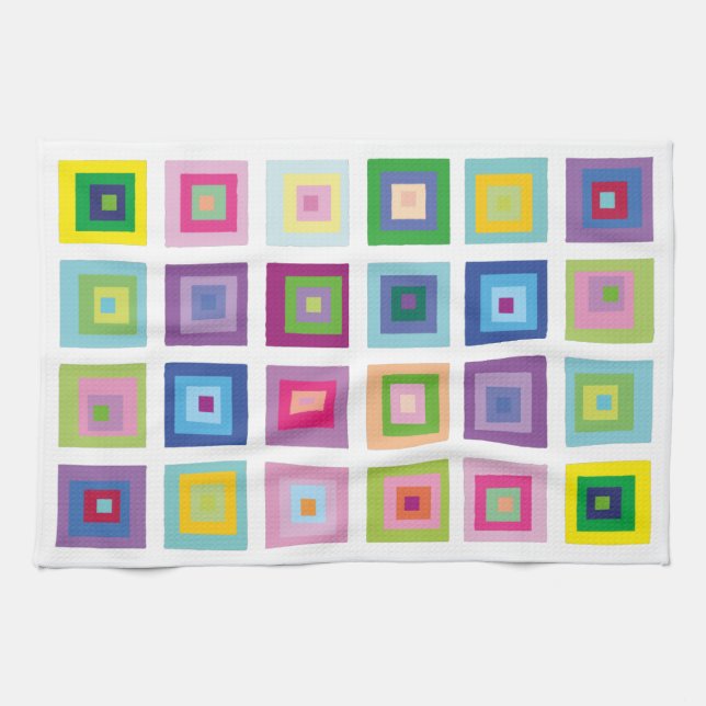 Mid Century Modern Colourful Squares Pattern Kitchen Towel (Horizontal)