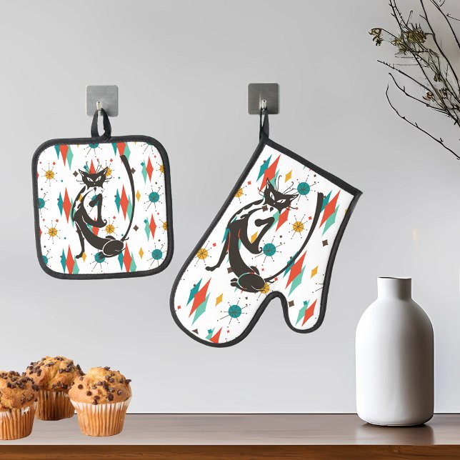 Mid Century Modern Cool Cat 50's  Oven Mitt & Pot Holder Set (Creator Uploaded)