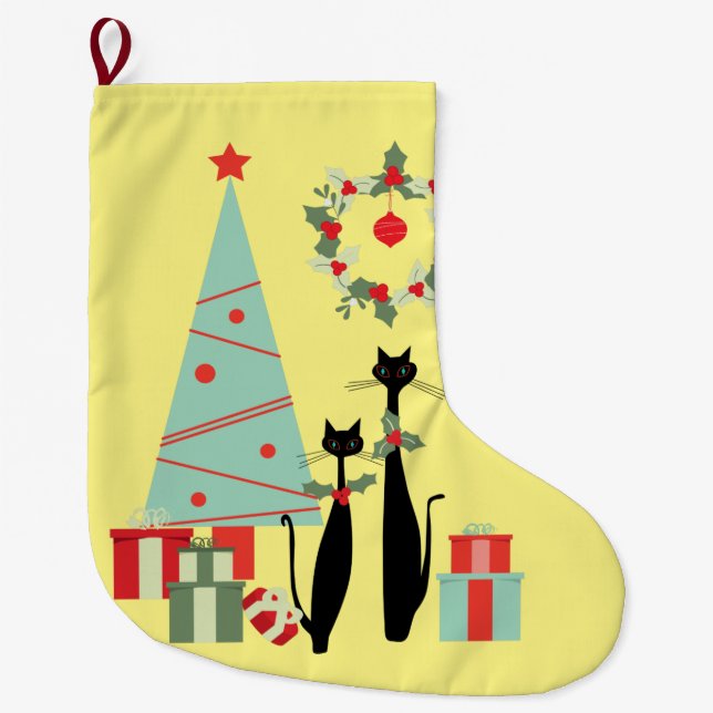Mid Century Modern Cool Cat Pair & Christmas Tree Large Christmas Stocking (Front)