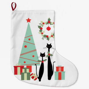 Mid Century Modern Cool Cat Pair & Christmas Tree Large Christmas Stocking