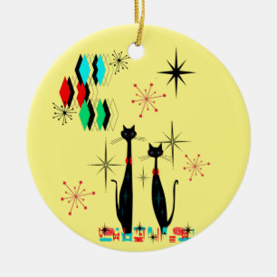 Mid Century Modern Cool Cat & Starburst Atomic Era Ceramic Ornament